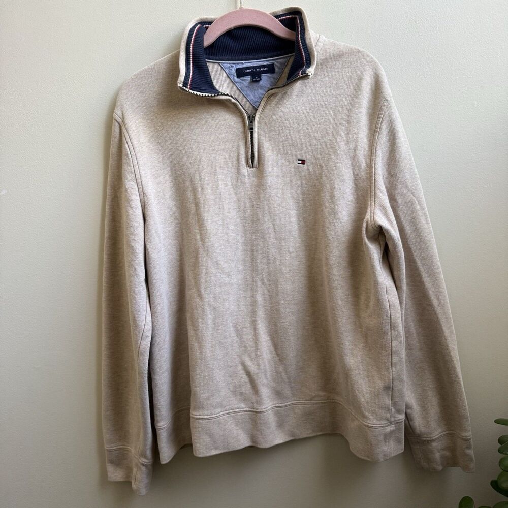 Tommy Hilfiger Quarter Zip Pullover Mens Medium Beige Logo Sweater Preppy